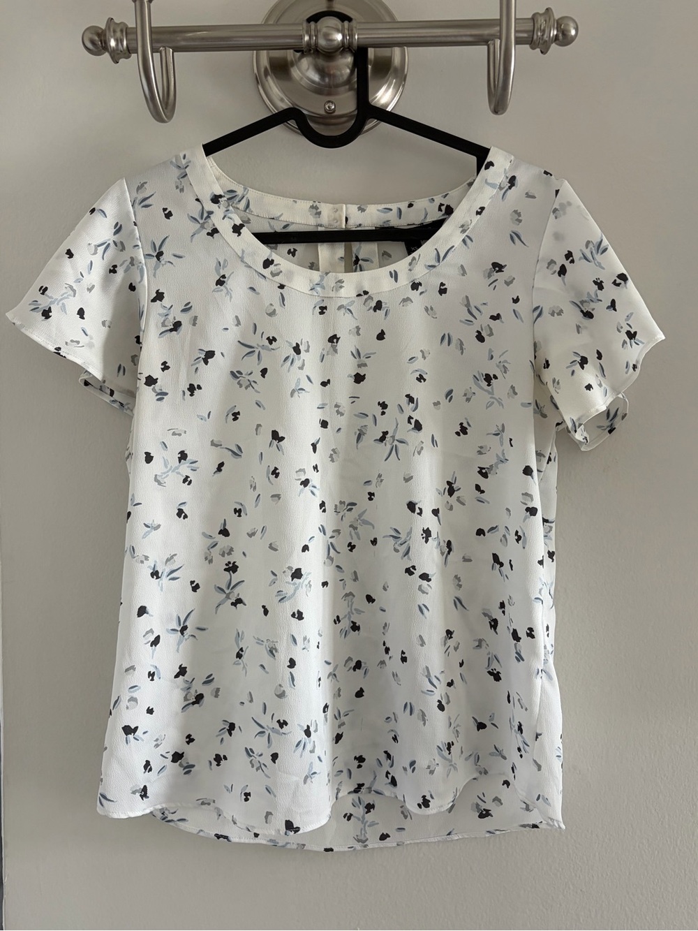 Banana Republic White Blouse with Navy and Pale Blue Floral Print